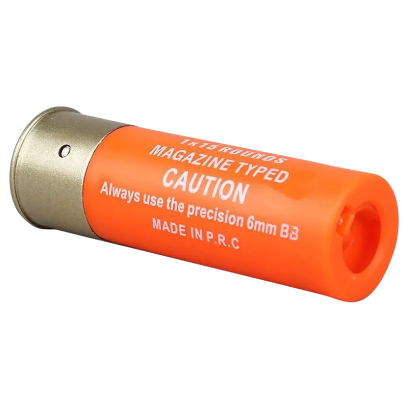 Cartouche orange Wosport 15 billes pour fusil à pompe, trois quarts côté sortie des billes