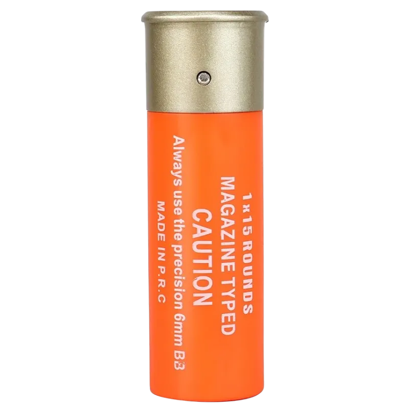 Cartouche orange Wosport 15 billes pour fusil à pompe airsoft, vue verticale culot doré en haut