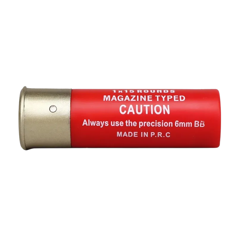 Cartouche rouge Wosport 15 billes pour fusil à pompe airsoft, profil avec marquage 1x15 rounds