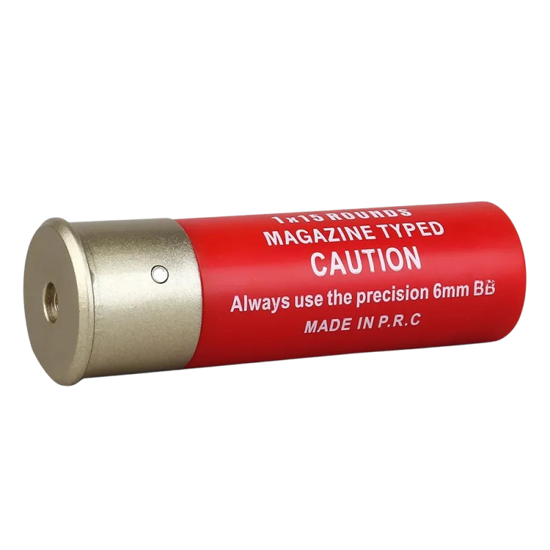 Cartouche rouge Wosport 15 billes pour fusil à pompe, trois quarts côté culot doré fileté