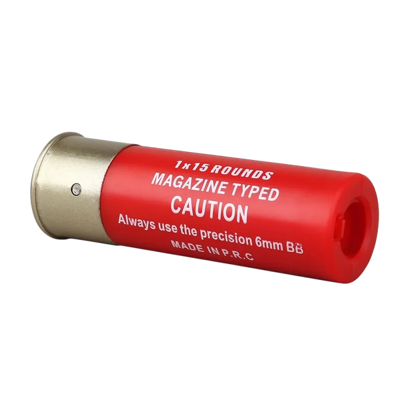 Cartouche rouge Wosport 15 billes pour fusil à pompe, trois quarts côté sortie des billes