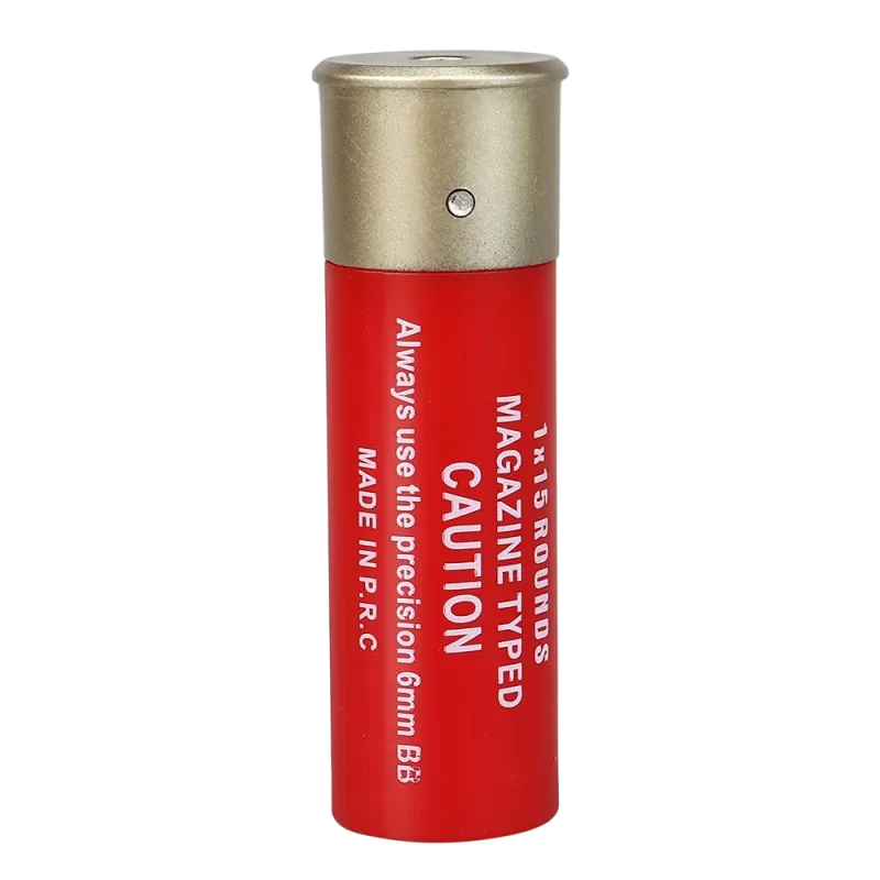 Cartouche rouge Wosport 15 billes pour fusil à pompe airsoft, vue verticale culot doré en haut