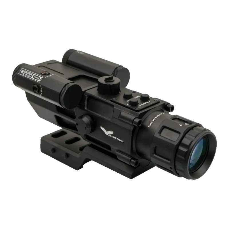 Lunette à prisme JS-Tactical 4x32, trois quarts arrière côté laser, boutons Reticle et Laser