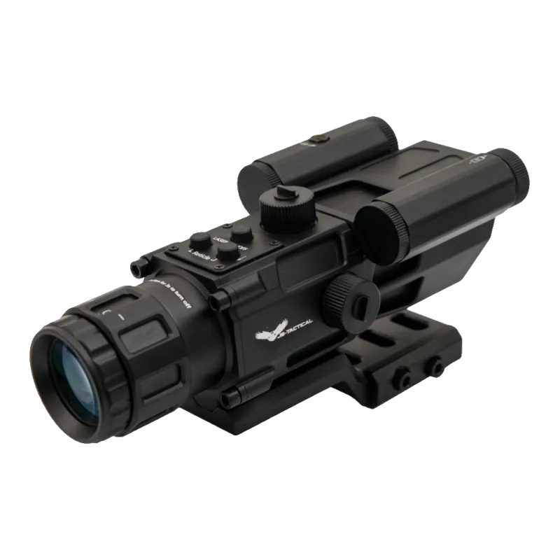 Lunette à prisme JS-Tactical 4x32, trois quarts arrière, oculaire à correction dioptrique
