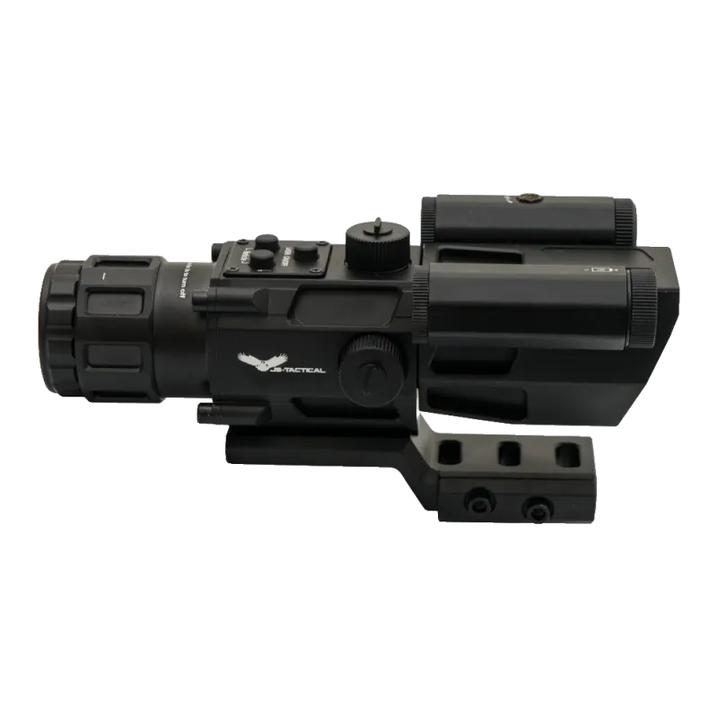 Lunette à prisme JS-Tactical 4x32, profil côté tourelle et compartiment de pile