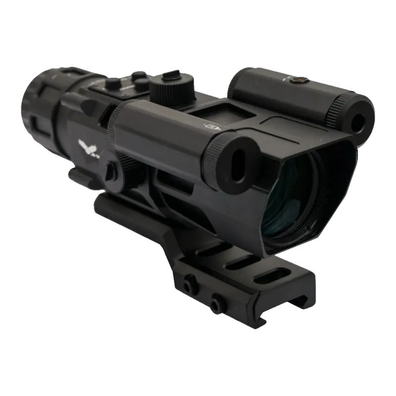 Lunette à prisme JS-Tactical 4x32 avec laser rouge, vue de trois quarts avant, embase déportée