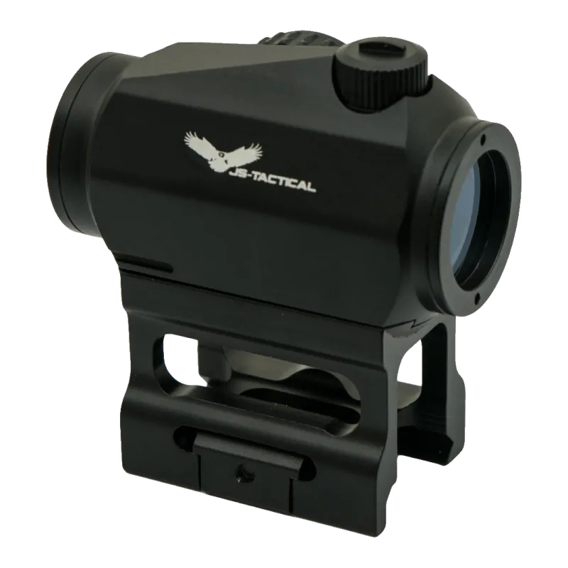 Viseur point rouge JS-Tactical Crossfire monté sur rehausse, vue de trois quarts côté logo