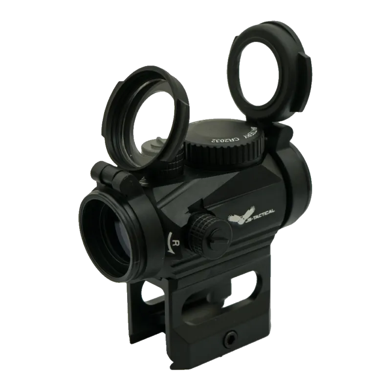 Viseur point rouge JS-Tactical sur rehausse, vue de trois quarts avant côté logo, caches ouverts