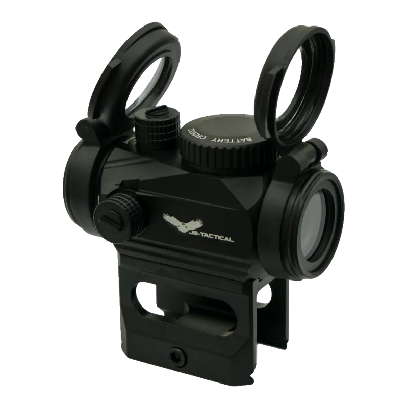 Viseur point rouge JS-Tactical sur rehausse, vue arrière côté logo et capuchon pile CR2032