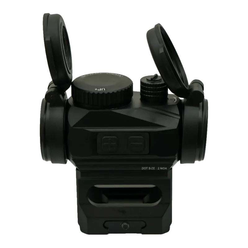 Viseur point rouge JS-Tactical sur rehausse, profil côté boutons latéraux, caches relevés
