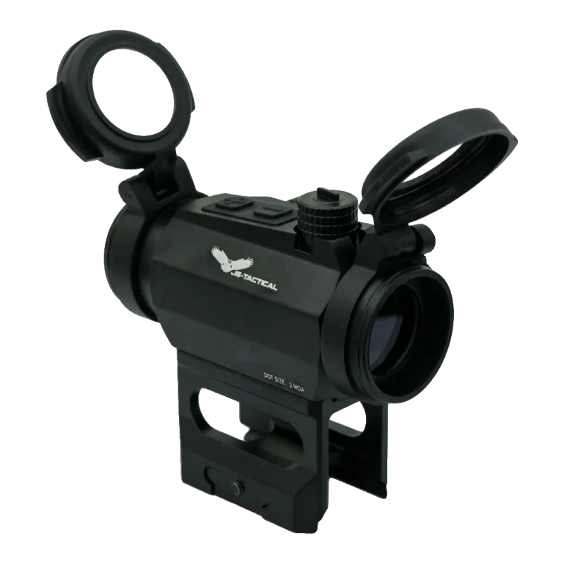 Viseur point rouge JS-Tactical 2 MOA sur rehausse, vue de trois quarts côté logo, boutons + et – sur le dessus