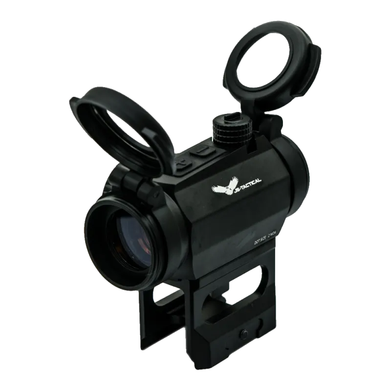 Viseur point rouge JS-Tactical sur rehausse, vue de trois quarts avant côté logo