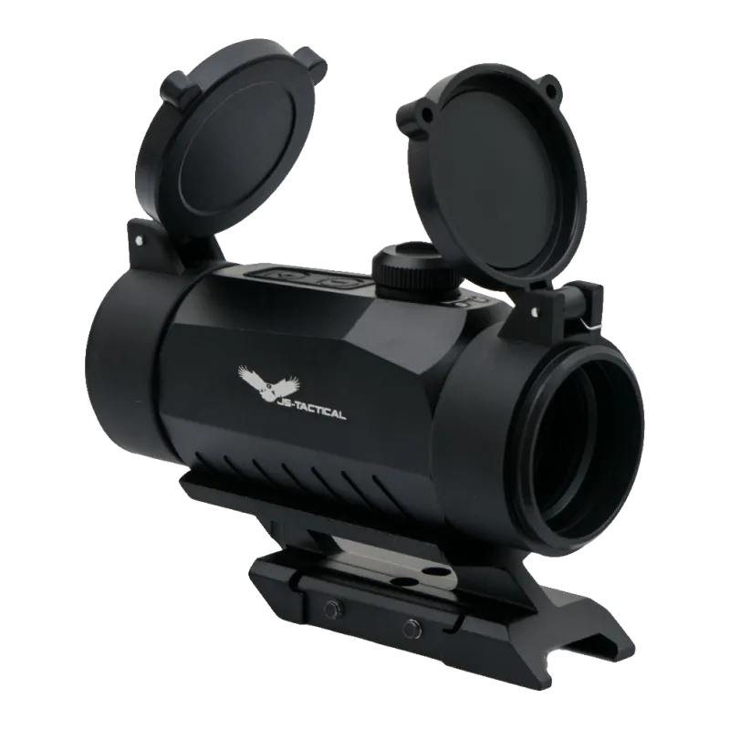 Viseur point rouge JS-Tactical sur embase rail 20 mm, profil côté logo, caches ouverts