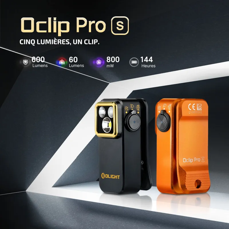 Olight Oclip Pro S 600 lumens, visuel des versions noire et orange