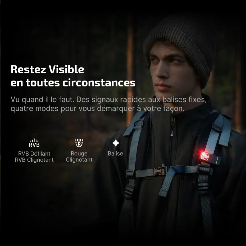 Olight Oclip Pro S en lumière rouge clignotante sur la sangle d'un sac à dos