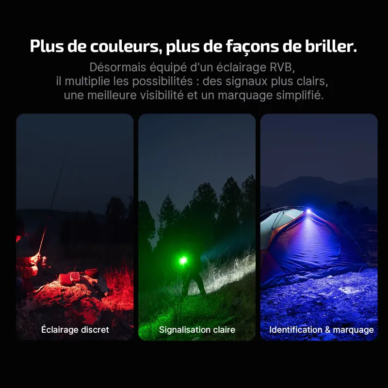 Olight Oclip Pro S, lumières rouge, verte et bleue en usage de nuit