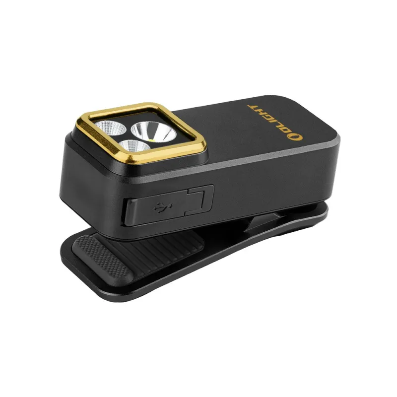 Olight Oclip Pro S noire, vue de trois quarts avec le clip et la trappe USB