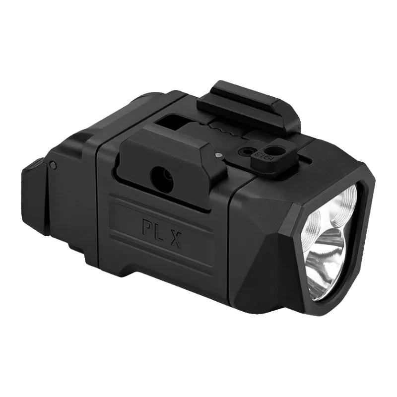 Olight PL X noire de trois quarts avant, marquage PL X et fixation de rail