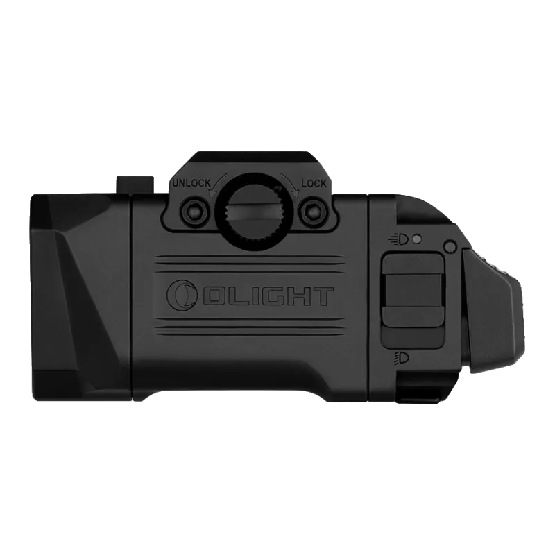 Olight PL X noire de profil, molette de verrouillage et sélecteur de faisceau