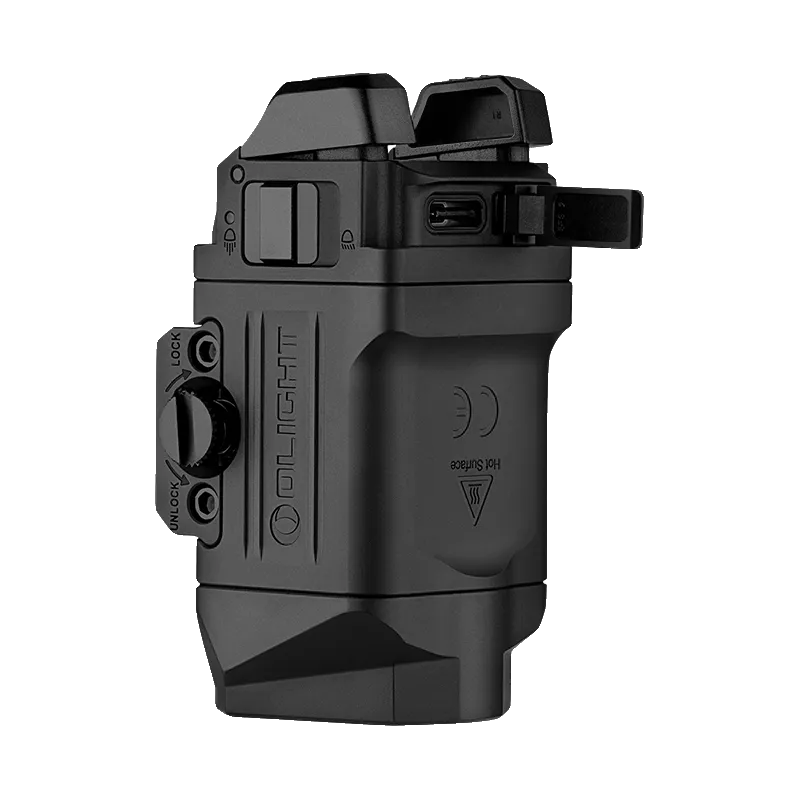 Olight PL X noire vue arrière, cache ouvert sur le port USB-C