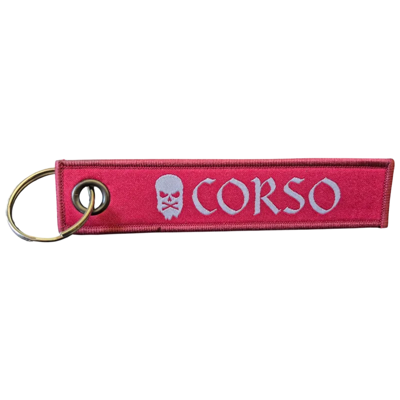 Porte-clés Corso Tactical rouge, autre vue de l étiquette avec logo CORSO, œillet et anneau