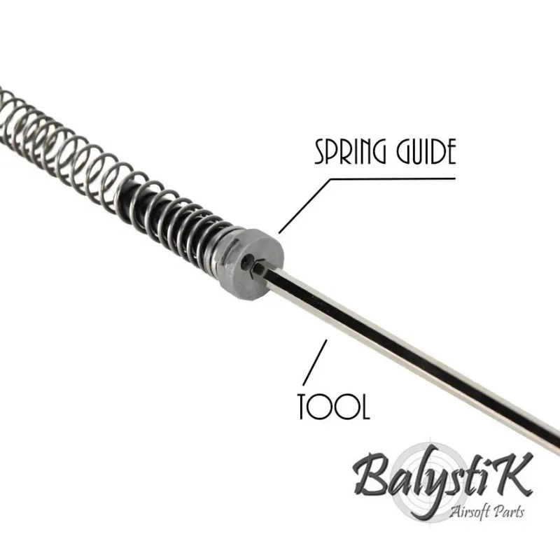 Outil à ressort QD BALYSTIK engagé dans le guide ressort, gros plan avec légendes