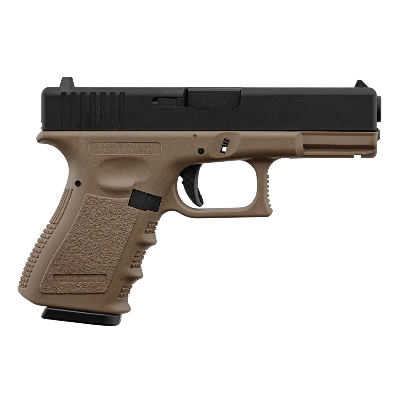 Pistolet GBB KJ Works KJ-23 noir et tan, profil droit avec marquage Made in Taiwan KJ Works