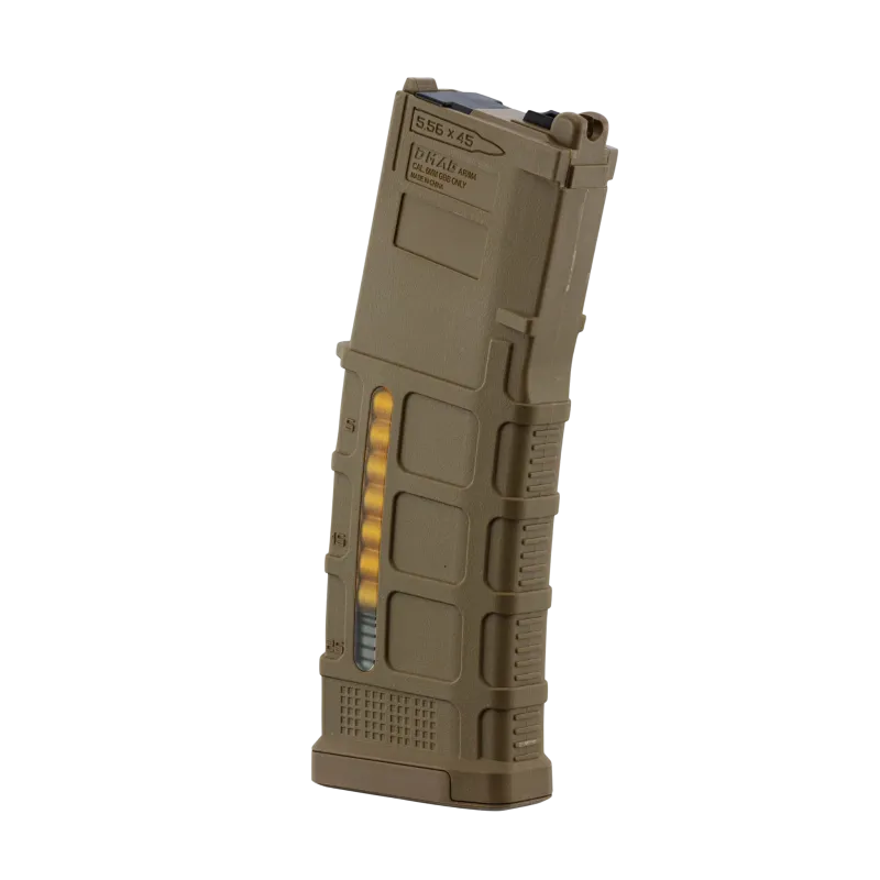 Chargeur gaz Tan Noveske N4 MWS Gen 3, côté marqué 5.56x45 et fenêtre à fausses balles
