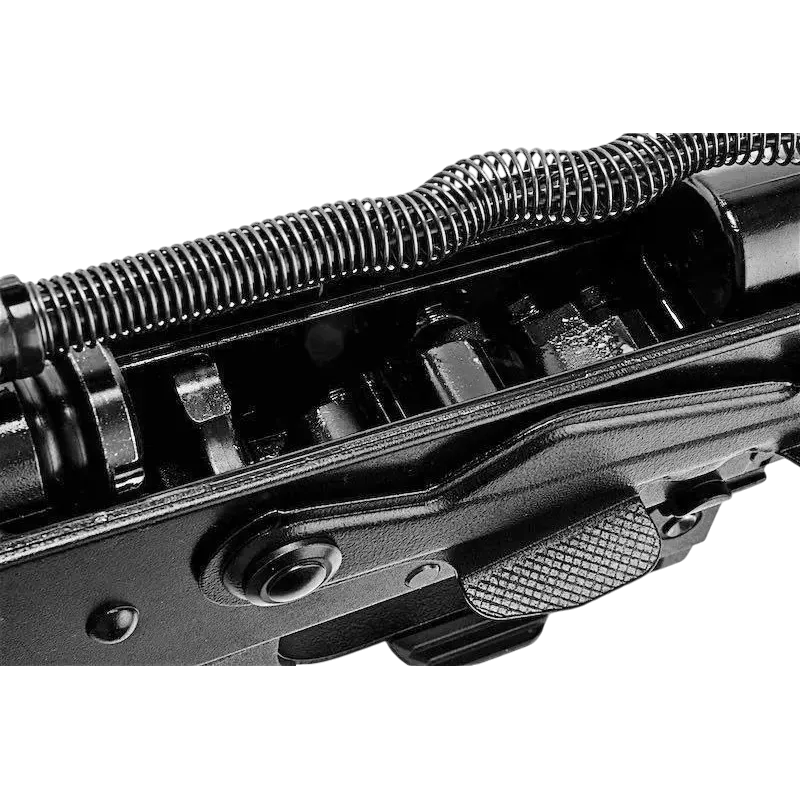 Réplique Tokyo Marui AKX ZET, gros plan du mécanisme interne : ressort récupérateur et sélecteur