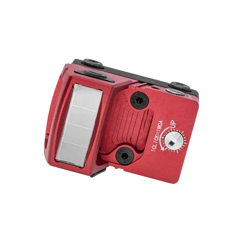 Mini point rouge Tactical Ops rouge, vue de dessus du panneau solaire et de la molette de réglage