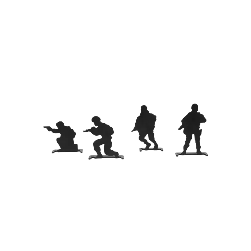 Lot de 4 cibles métalliques soldat Delta Tactics noires, vue de dos des silhouettes