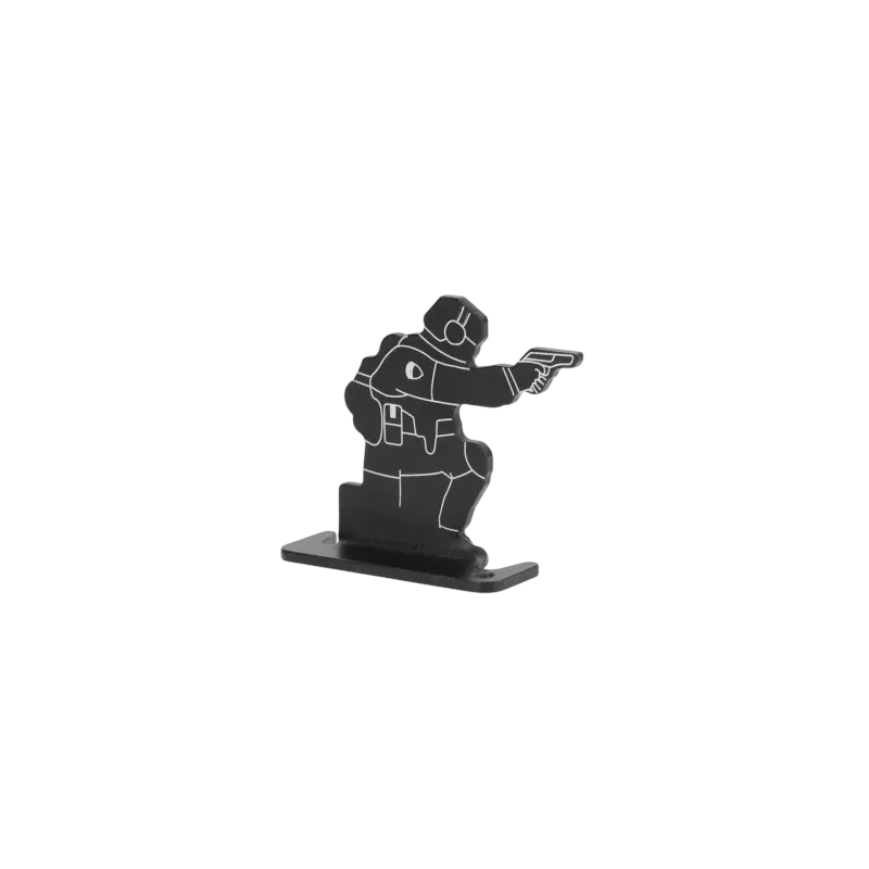 Cible métallique soldat Delta Tactics noire, silhouette à genou au pistolet sur socle