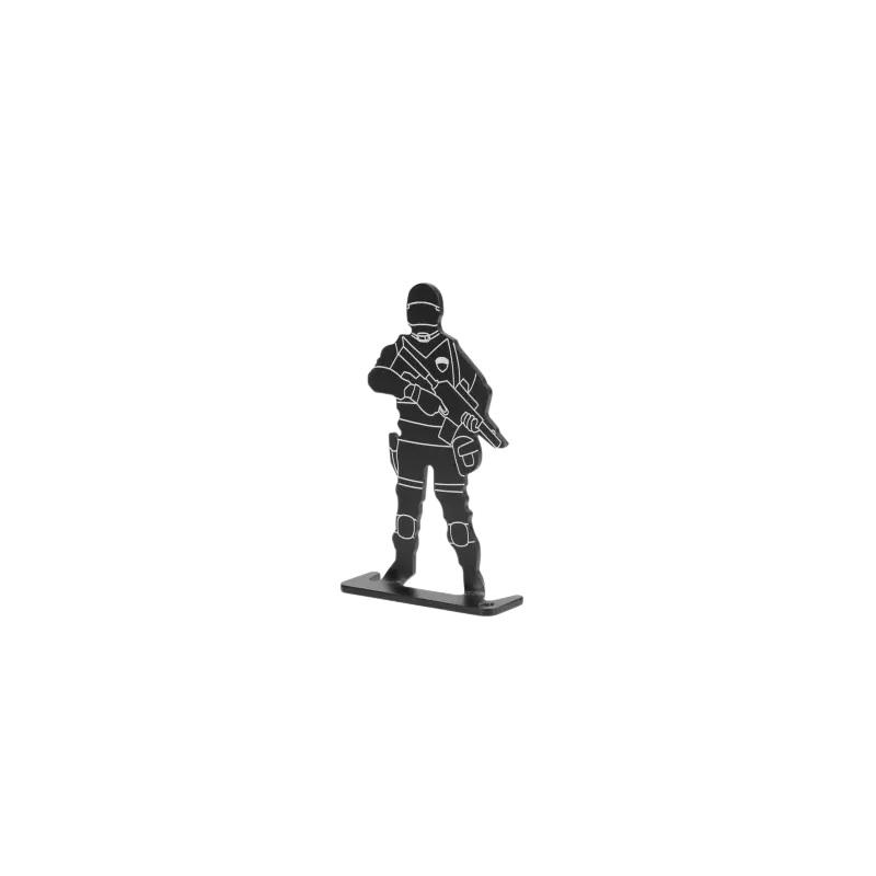 Cible métallique soldat Delta Tactics noire, silhouette debout au fusil sur socle plat