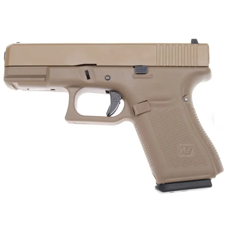 Pistolet GBB WE W19 Gen5 tan, vue de profil gauche avec logo WE
