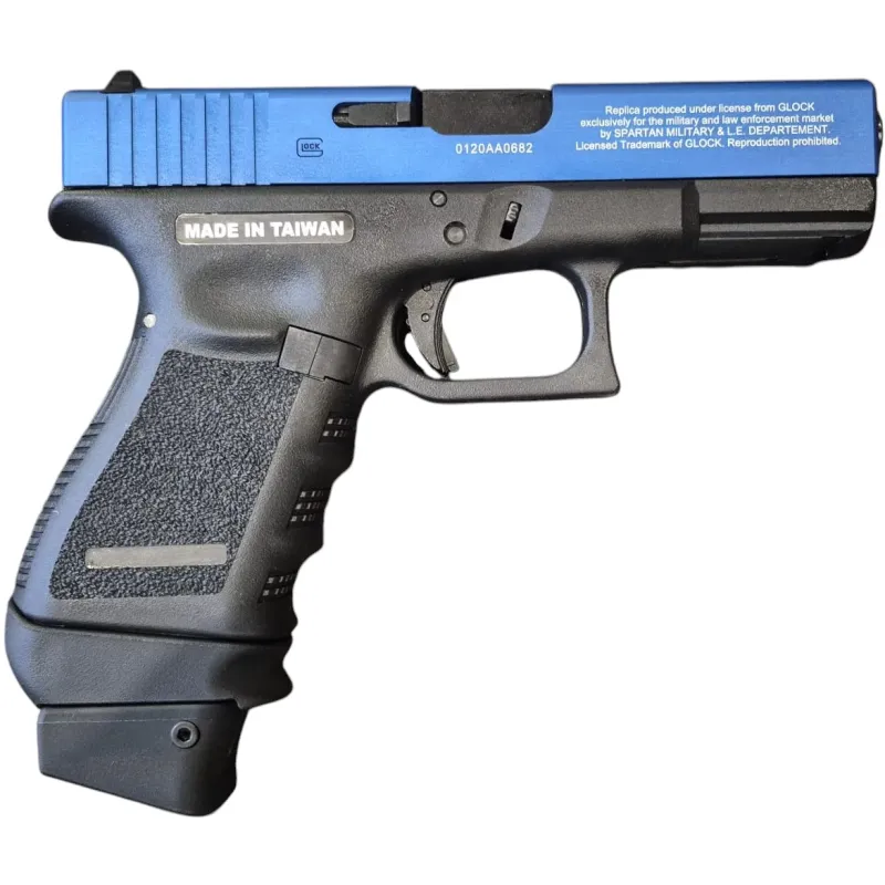 Glock 19 CO2 Spartan culasse bleue, profil droit avec marquage de licence