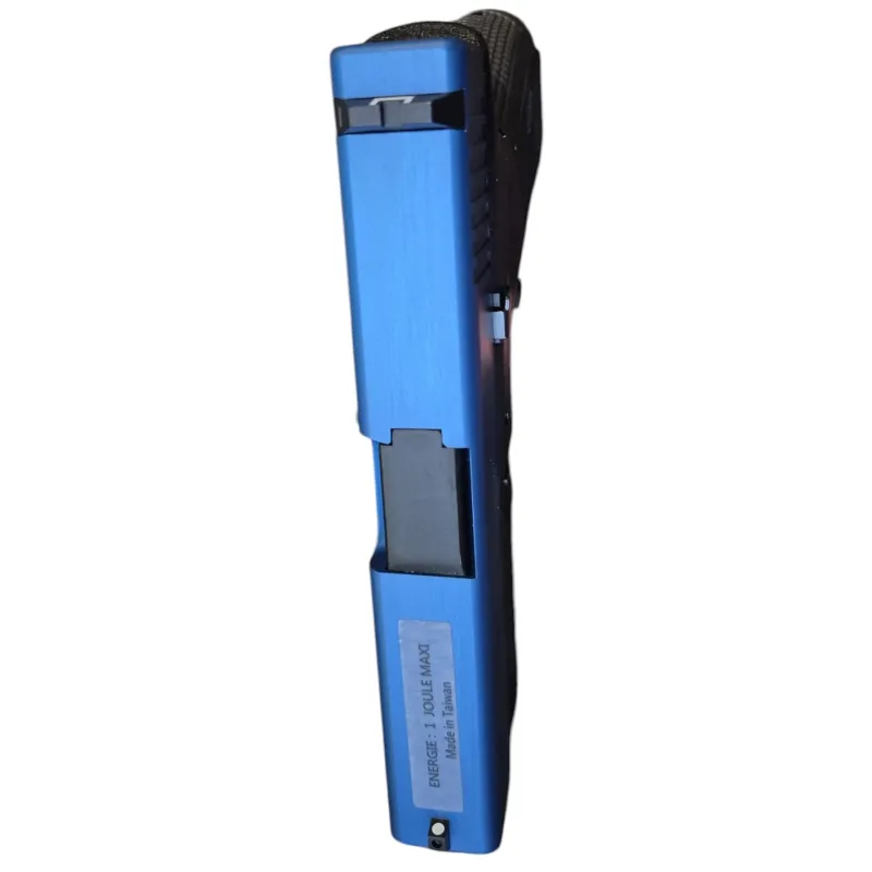 Glock 19 CO2 culasse bleue vue de dessus, étiquette énergie 1 joule maxi