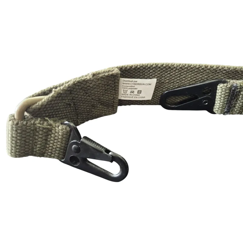Sangle Minimi M249 vert olive, deux mousquetons et étiquette Cybergun 100 % polyester