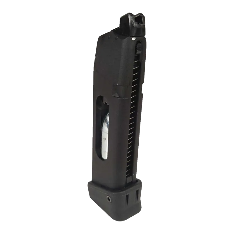 Chargeur CO2 10 g du Glock 19 Spartan MI culasse bleue, vue de trois quarts avec fenêtre de cartouche
