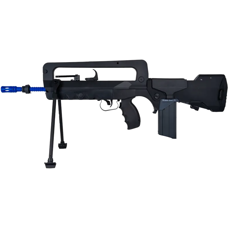 Réplique AEG FAMAS F1 MI Cybergun à canon bleu, bipied déplié, profil gauche