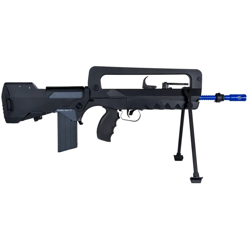 Réplique AEG FAMAS F1 MI Cybergun à canon bleu, bipied déplié, profil droit