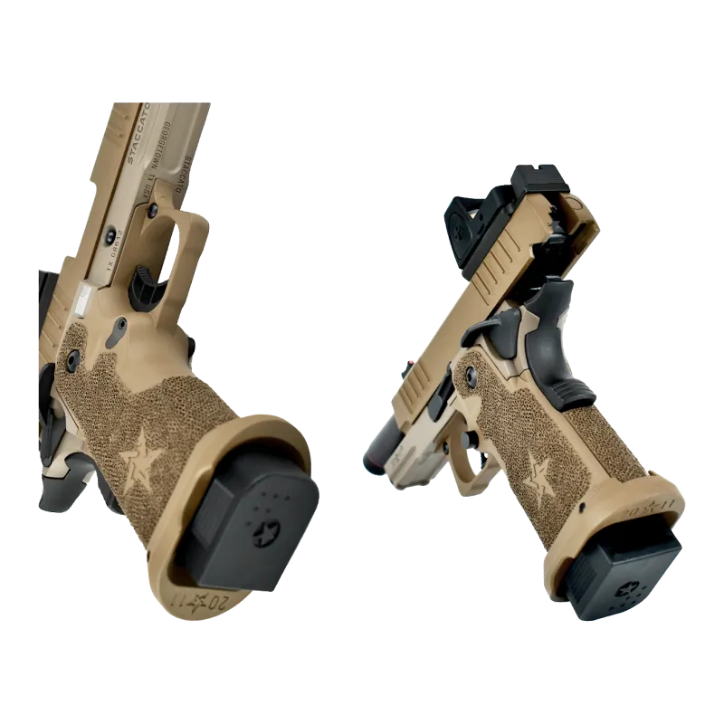 Pistolet GBB Staccato C2 Army Armament tan, détail poignée stippling et puits de chargeur