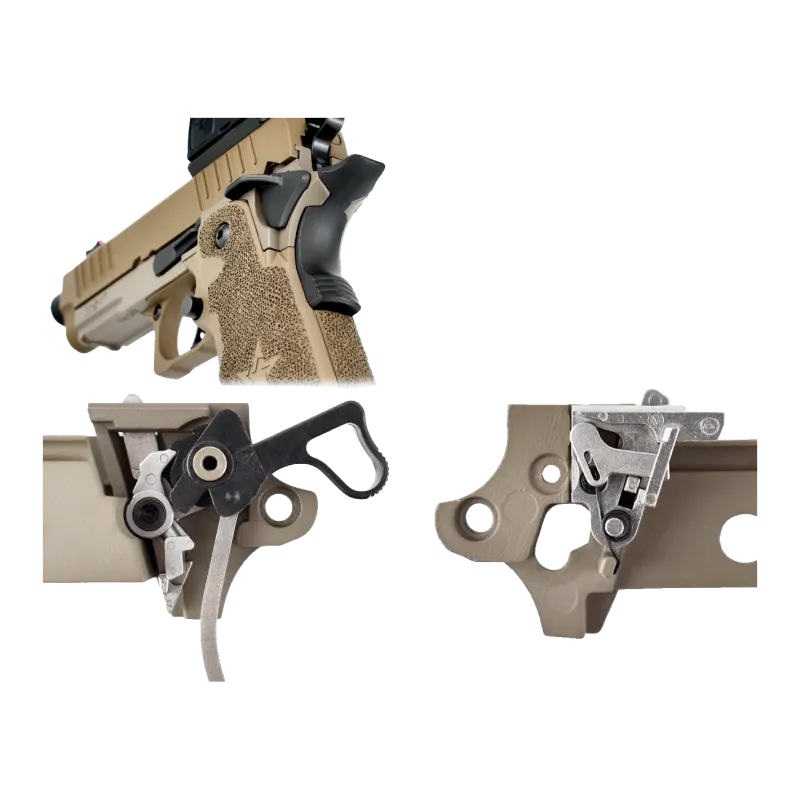 Pistolet GBB Staccato C2 Army Armament tan, détail sûreté et pièces de détente acier