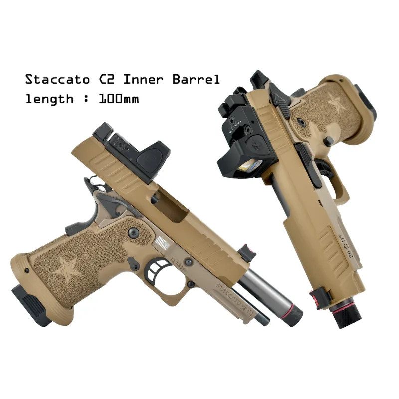 Pistolet GBB Staccato C2 Army Armament tan, culasse ouverte et canon interne de 100 mm