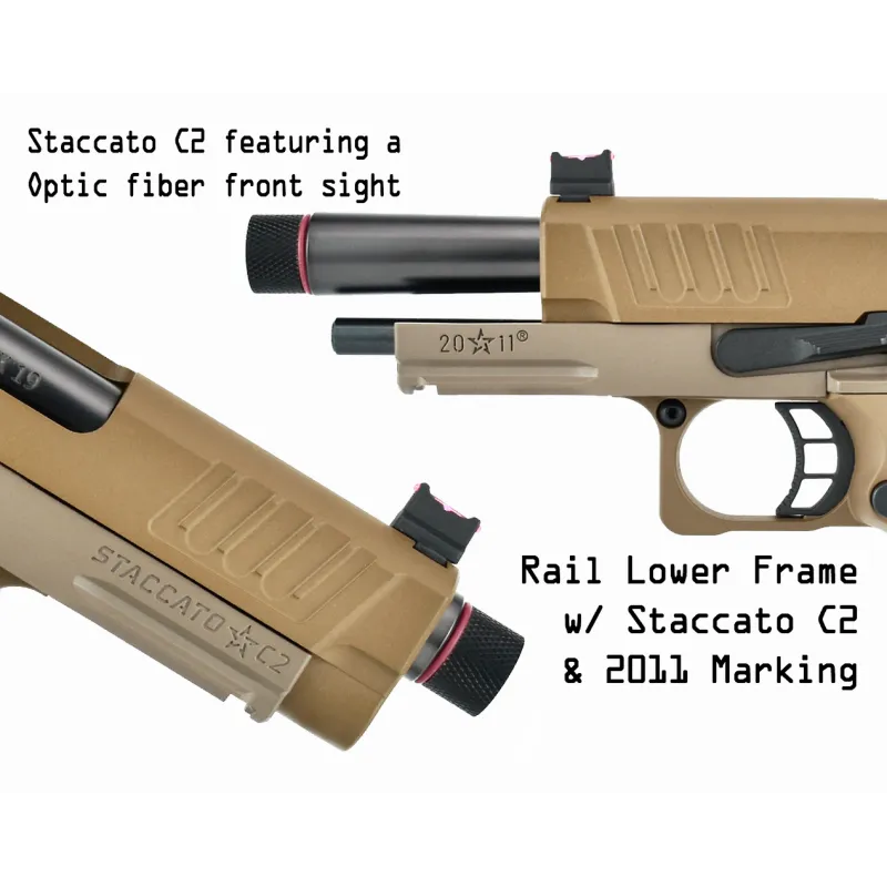 Pistolet GBB Staccato C2 Army Armament tan, détail du guidon et des marquages