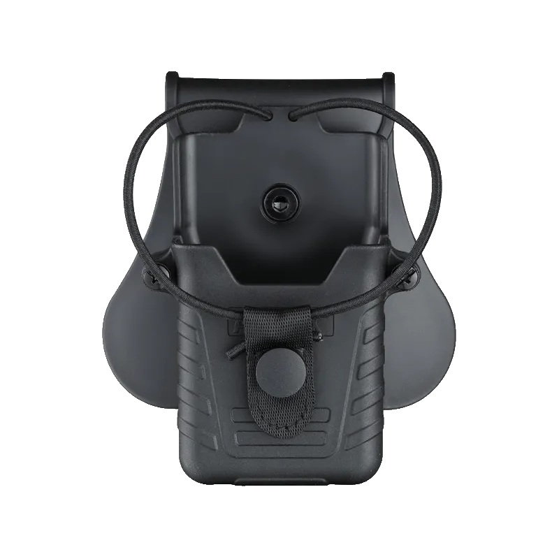 Porte-radio Amomax G2 noir, vue de face avec sangle élastique et bouton-pression