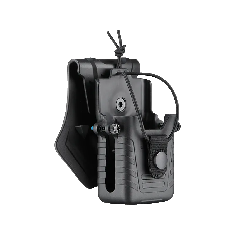 Porte-radio Amomax G2 noir, vue de trois quarts avec cordon noué