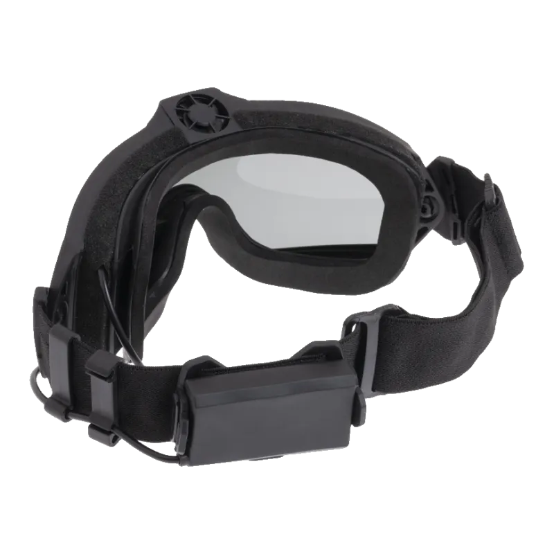 Lunettes ventilées FMA noires, vue arrière : mousse intérieure, sangle et boîtier à piles
