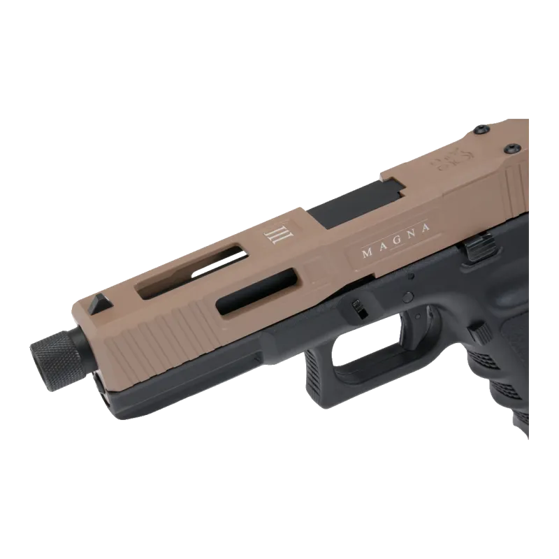 Pistolet CO2 Secutor Gladius Magna III tan et noir, détail culasse tan marquage MAGNA et III, canon fileté