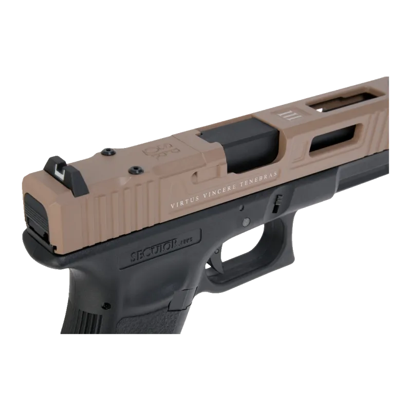 Pistolet CO2 Secutor Gladius Magna III tan et noir, détail arrière culasse, découpe RMR et hausse