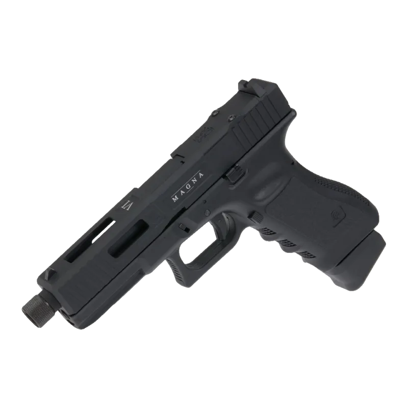 Pistolet CO2 Secutor Gladius Magna VI noir, vue de trois quarts incliné, marquage MAGNA et VI